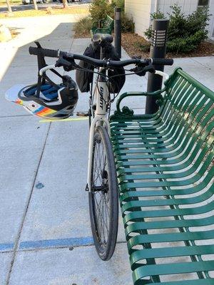 Larkey Park Bench and bike with BMX Troy Lee Designs Helmet ! To Peak Bike bag to go! Let's go cycling hard!