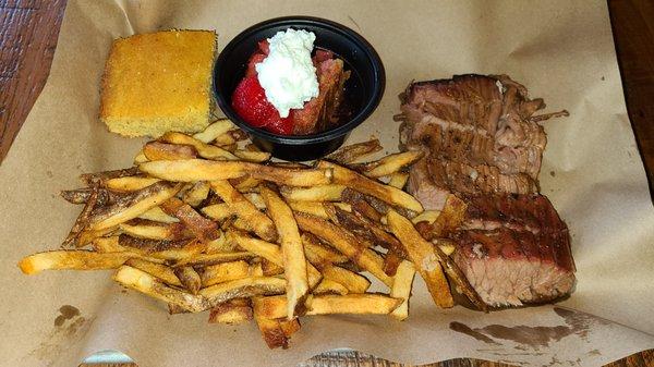 Brisket with fries and strawberry shortcake.