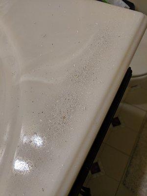 Dust from drywall left on the bathroom counters.