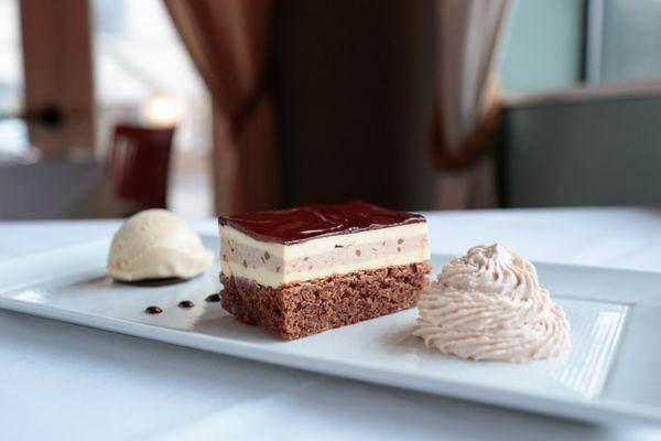 Grandma's Chocolate-Chestnut Torte with Chestnut-Armagnac Ice Cream and Spiced Creme