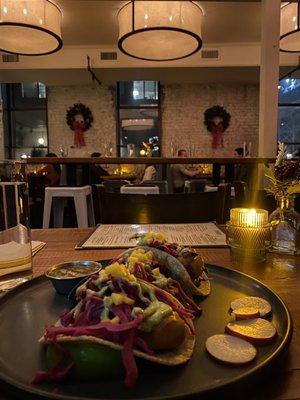 Fish tacos. Cozy interior.