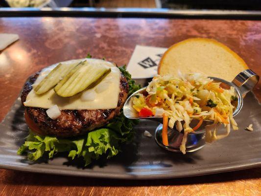 Classic Cheese Burger, lettuce, tomatoes, onions,  pickles, citrus coleslaw. Excellent burger, excellent slaw.