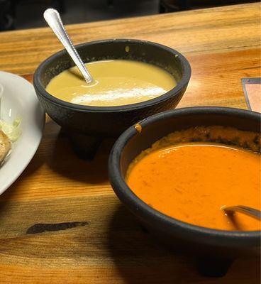 The two hot sauces that accompany every meal. Red is pretty hot. Yellow is medium hot.