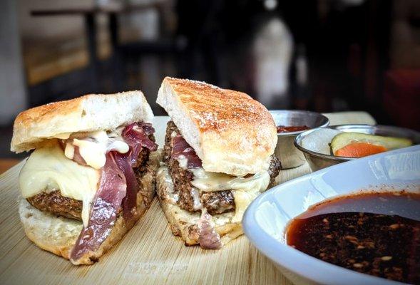 DRAGON DUMPLING BURGER | beef & pork patty + english muffin + white american cheese + caramelized onion + jalapeno mayo + Sichuan pickles