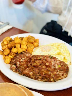 Breakfast Meat and Eggs with Corn Beef Hash and Potatoes