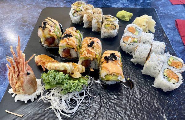 Monster Roll, Eel Roll, Spicy Salmon Roll (L to R)