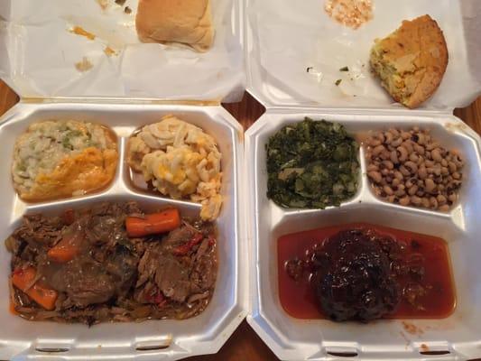 Pot roast, cheesy rice and broccoli, Mac and Cheese, yeast roll      Meatloaf, turnip greens, black eyed peas, Mexican cornbread