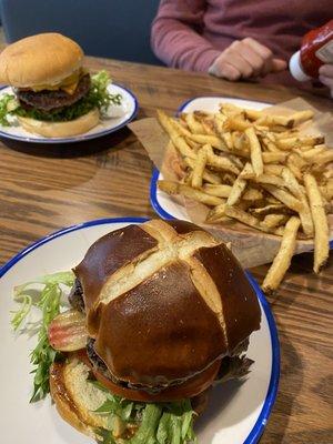 Brisket burger Butter garlic fries Burger on pretzel bun