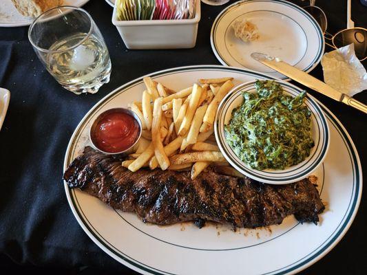 Skirt steak w creamed spinach and fries