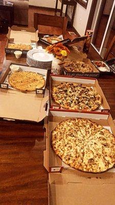 Garlic Chicken pizza, Westside Pizza, garlic breadsticks, veggie pizza