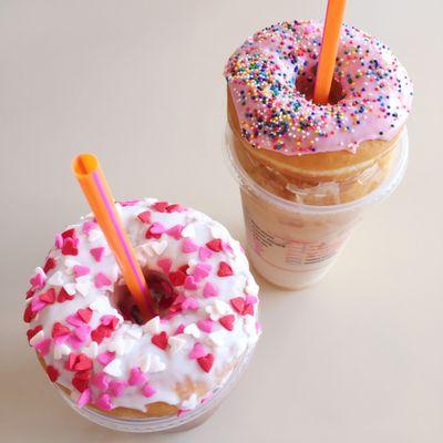 Medium mocha/French vanilla iced coffees + vanilla/strawberry frosted sprinkles donuts