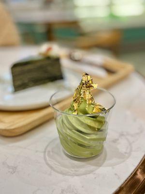 Matcha soft serve with gold