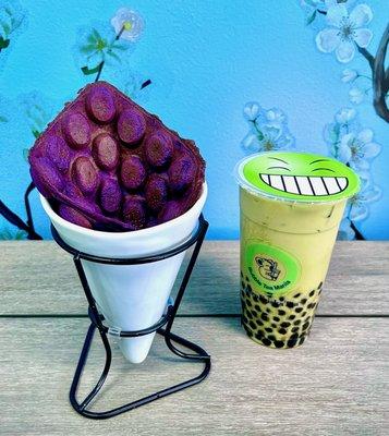 L to R: Ube Bubble Waffle, Matcha Milk Tea w/ extra Boba