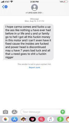 Angry and profane text I received from the purchaser of the motor I was sold by Tuckerton Marine