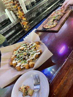 Loaded tots and margarita Margherita Flatbread