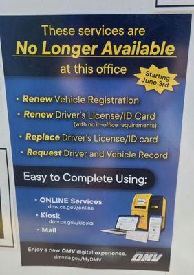 These services are no longer available at this DMV location (starting June 3, 2024).