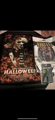 Micheal Myers frame, Micheal Myers t-shirt , Micheal Myers pin and band stickers .