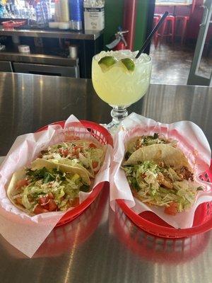 Grilled shrimp tacos and a power margarita.