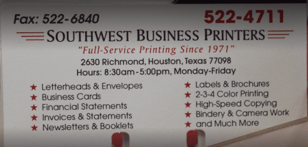 Southwest Business Printers Houston TX