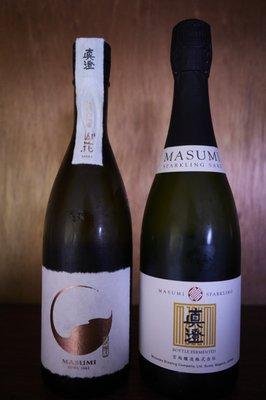 Masumi Sanka Jumai Daiginjo $75 (L), Masumi Sparkling $65 (R).  Both outstanding paired with sushi