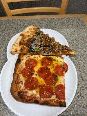 Teriyaki slice and grandma spicy pepperoni pizza