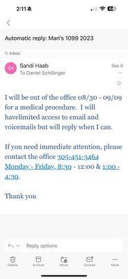 Screenshot of out of office email! One of many