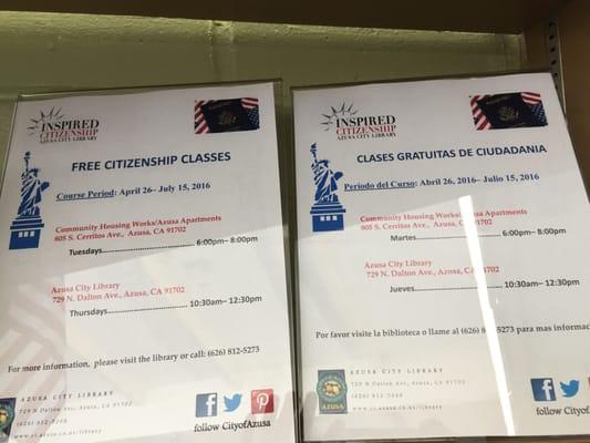 Free Classes for citizenship available English and Spanish awesome !