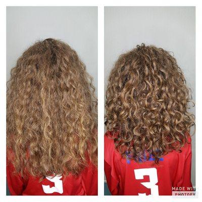 Before and after Curly Cut, Curl Hydration and Curl Education.