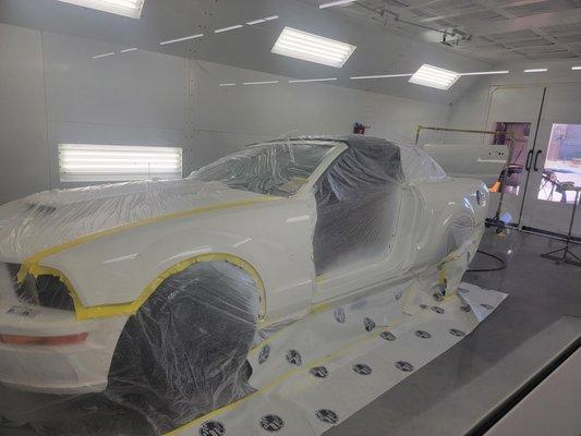 Freshly painted Mustang getting a little dry time before reassembly.