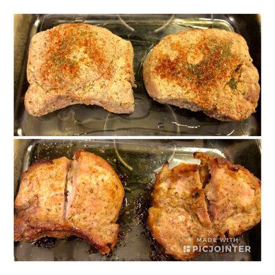 The enormous stuffed porkchops before.. and after ready to plate! Phenomenal!