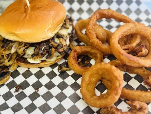 Try our "Hoosier" with fresh mushrooms, grilled onions, swiss cheese and our garlic aioli sauce