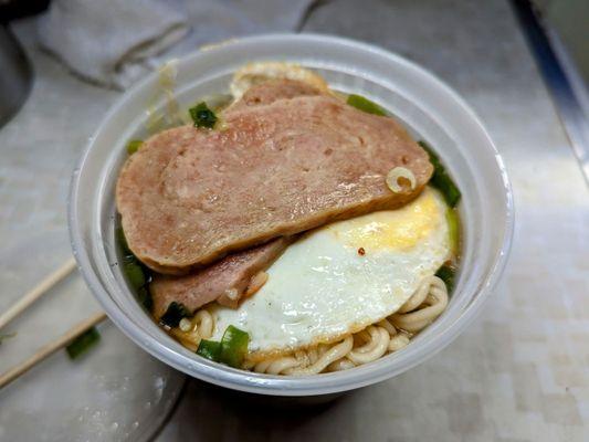 Spam & egg instant noodles. Breakfast F.