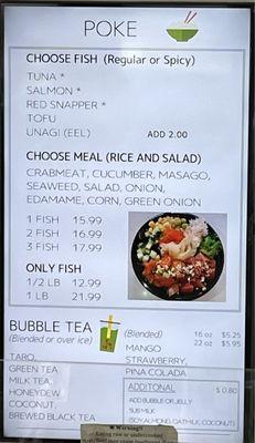 poke and bubble tea menu