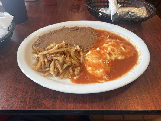 Huevos Rancheros with greasy French fries.