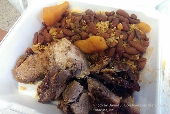 Roast pork, yellow rice with peas, beans. This is the small for only $6.50.