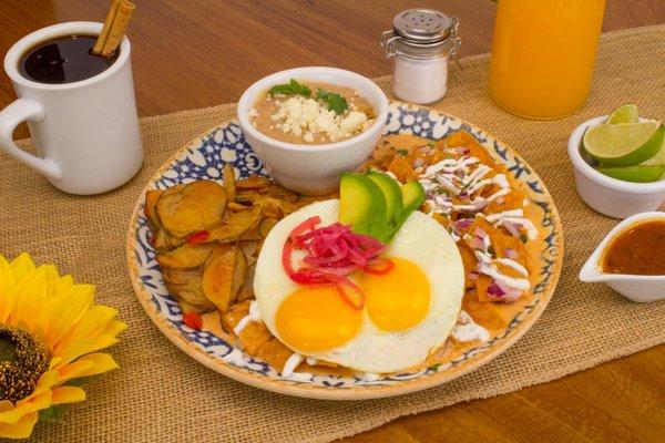 Chilaquiles with eggs, potatoes and beans