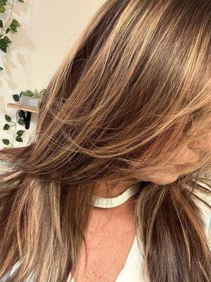 Balayage- caramel high and low tones with heavily layered cut. ASK FOR JULIA!!!