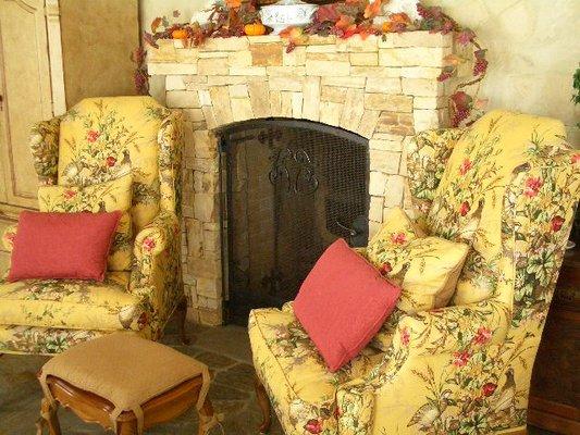 A cozy place to read by the fire. Diane used a Scalamandre fabric with quail! Beautiful by Diane Kremer