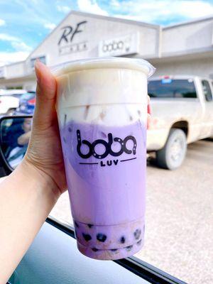 Taro milk tea with boba and cheese foam