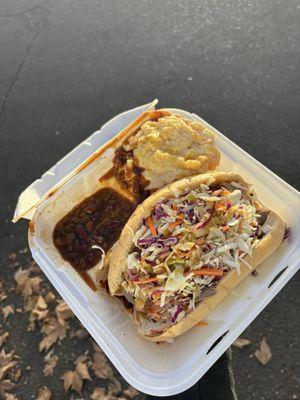 Pulled pork sandwich, combo with sweet beans and mac & cheese.