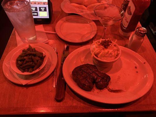 8 ounce Dallas filet, loaded mashed potatoes and green beans. I usually save the dinner rolls to have for breakfast.