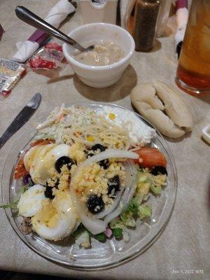 Salad bar and tasty clam chowder! Notice homemade eggs! Not from a carton.