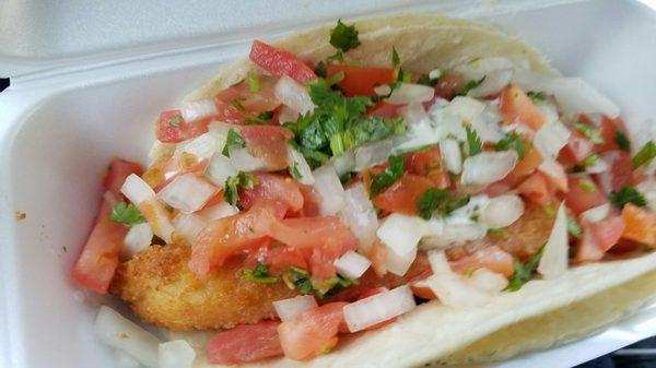 Fish taco. 1 is large enough for a meal just by itself.