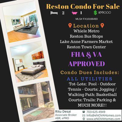 Reston Condo for Sale in Northgate Mins to Metro & Reston Town Center.