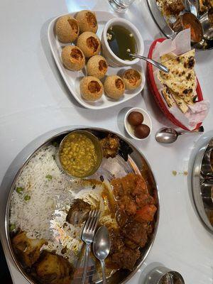 Panipuri, Lunch special plate (daal, chicken tikka, chicken curry, aloo, & vegetable pakora), garlic naan, Gulab Jamoon