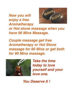 Free full body hot stone for 90 mins massage, 60 mins couple massage get free full body hot stone.