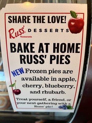 "Bake at Home Russ' Pies" notice