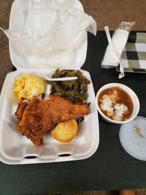 Pork chop, macaroni and cheese, greens, rice and gravy, corn muffin