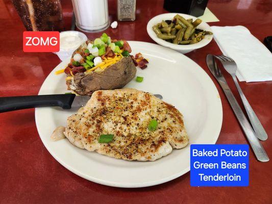 Tenderloin, baked potato, green beans