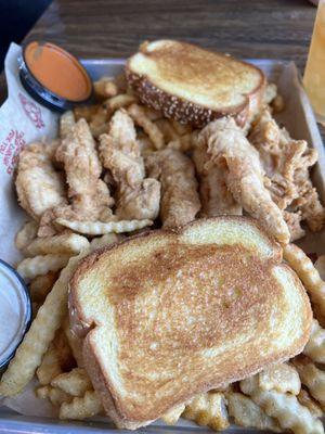 Chicken tender platter for two. We replaced cole slaw for an extra serving of fries.